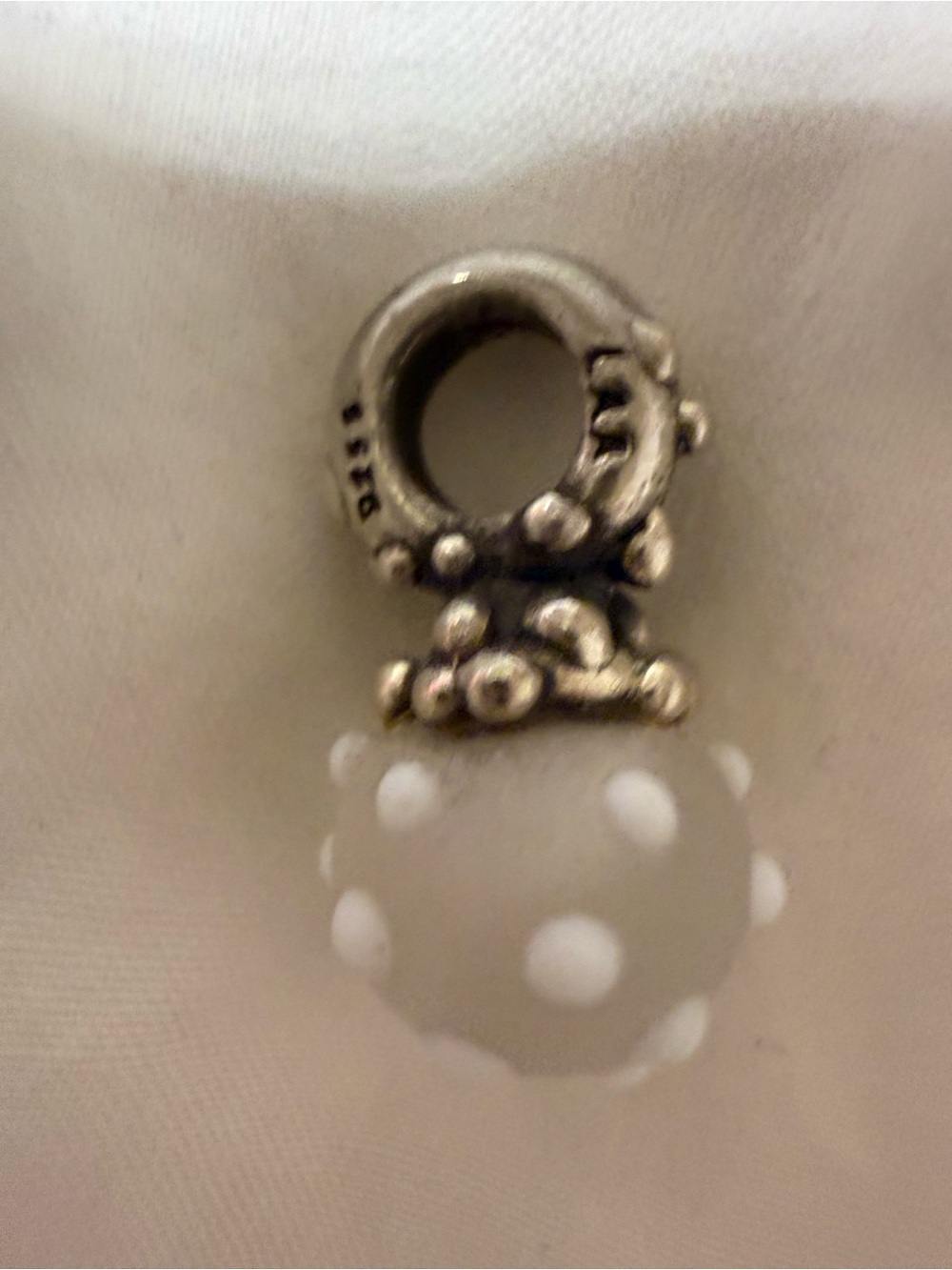 TrollBeads Silver  White Polka Dot Glass Drop Charm  “Winter”